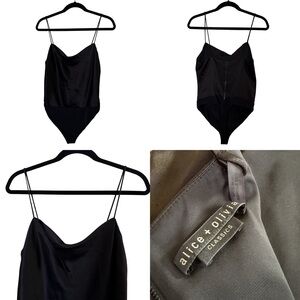 Alice + Olivia Black Satin Cowl Neck Bodysuit with Spaghetti Straps